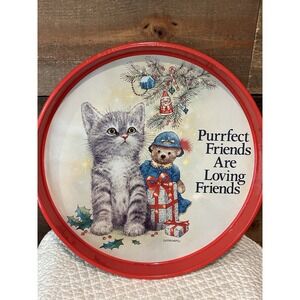 1992 Grey Kitten & Friends Holiday Christmas Metal Serving Tray by Giordano
